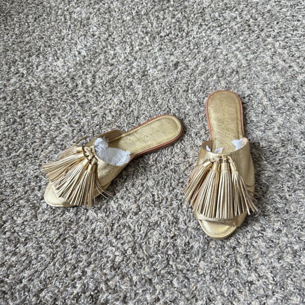 Loeffler Randall Kiki Tassel Gold Pom Pom Leather Sandals Flats Shoes 6 B New